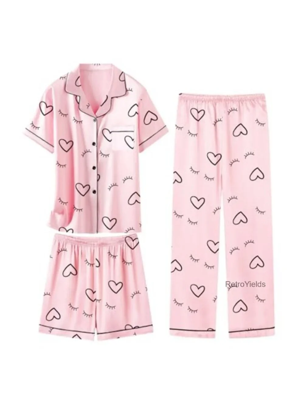 Silk Satin Girls 3 Piece Pajama Set Button Down Short Sleeve Sleepwear